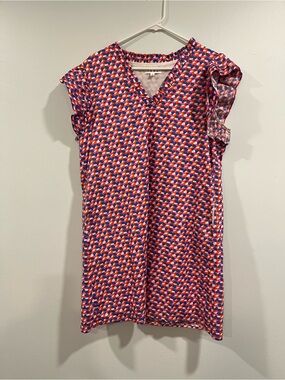 THML Pink Blue Patterned Ruffle Sleeve Dress with pockets